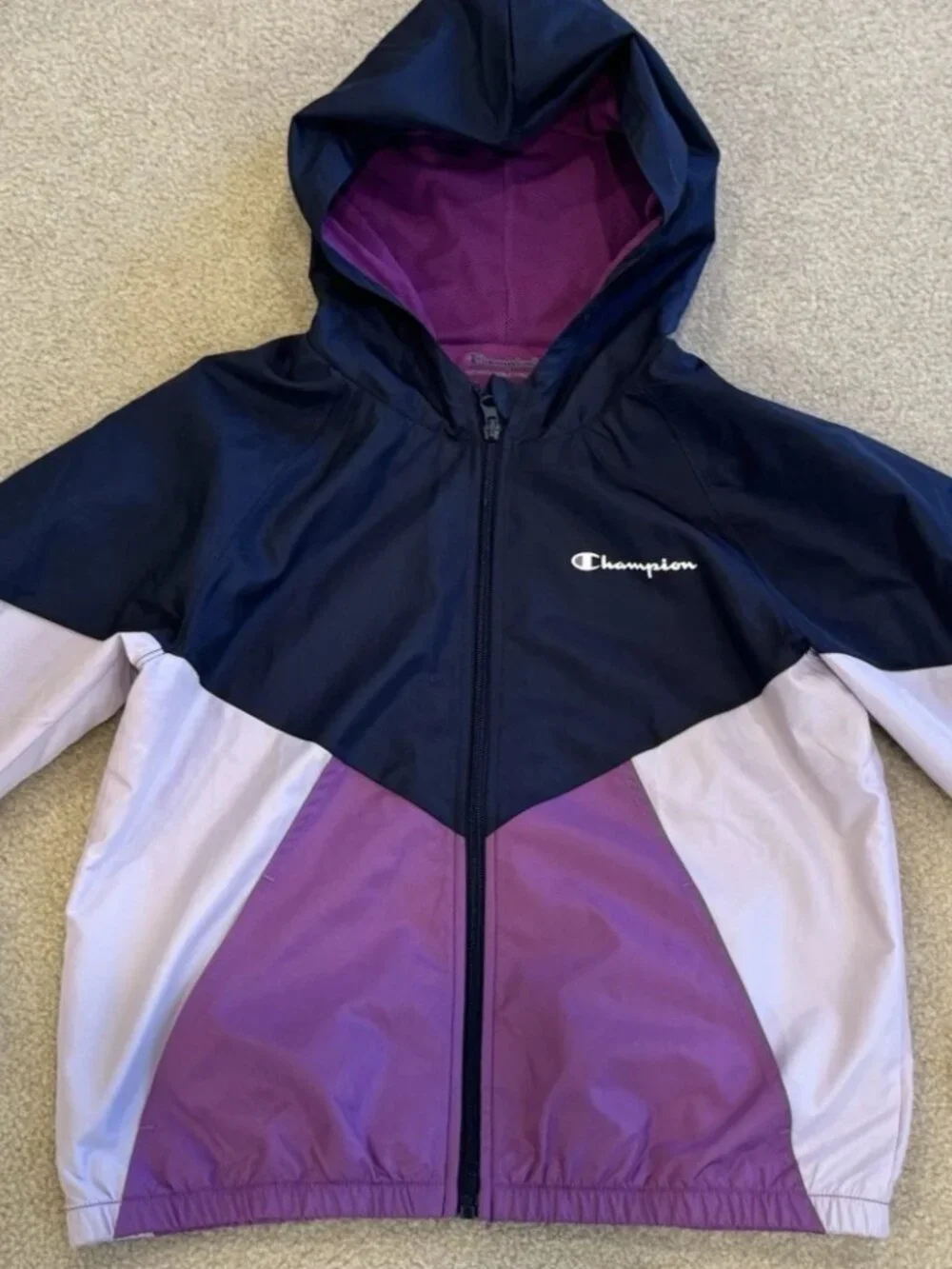 Champion Girls XL 14/16 Windbreaker Jacket Navy Purple Lilac Colorblock Mesh Hoo